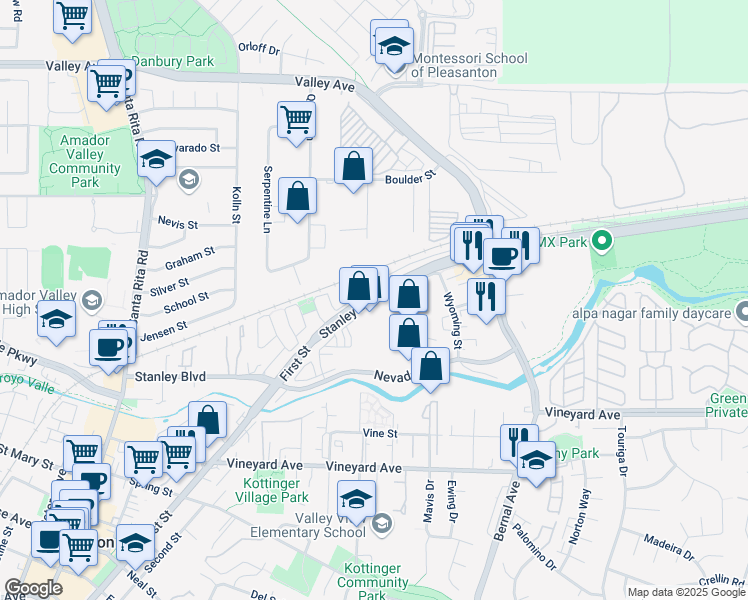 map of restaurants, bars, coffee shops, grocery stores, and more near 3716 Stanley Boulevard in Pleasanton