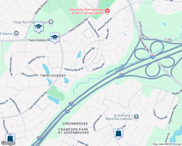 map of restaurants, bars, coffee shops, grocery stores, and more near 821 Parkland Place in Glen Allen