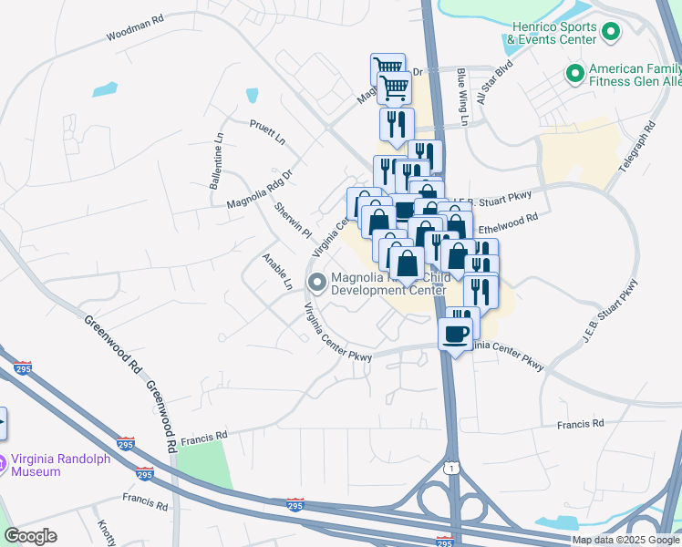 map of restaurants, bars, coffee shops, grocery stores, and more near 10501 Wylie Lane in Glen Allen