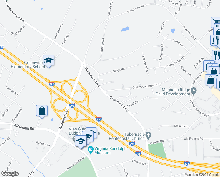 map of restaurants, bars, coffee shops, grocery stores, and more near 1956 Greenwood Glen Drive in Glen Allen