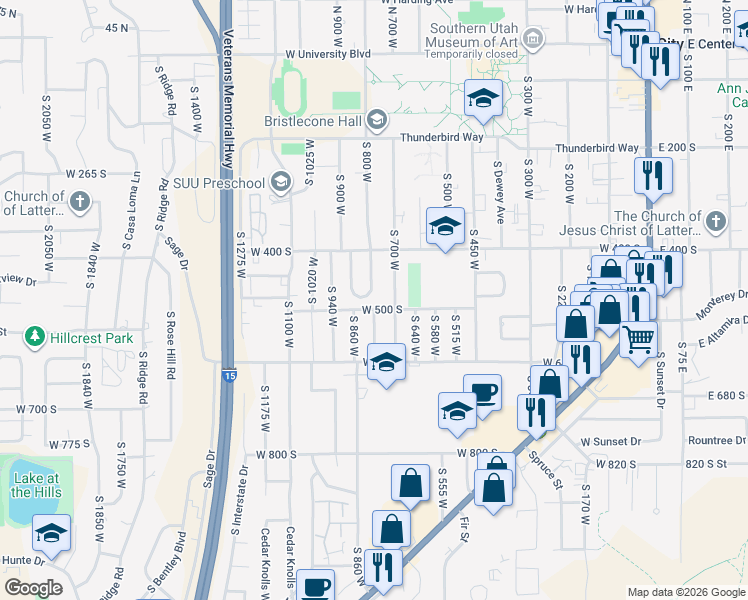 map of restaurants, bars, coffee shops, grocery stores, and more near 445 Kayenta Circle in Cedar City
