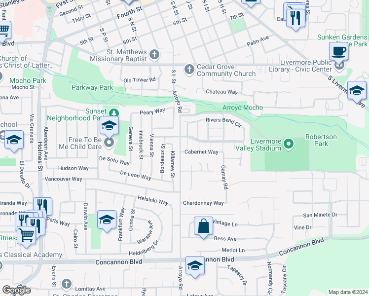map of restaurants, bars, coffee shops, grocery stores, and more near 2030 Cabernet Way in Livermore