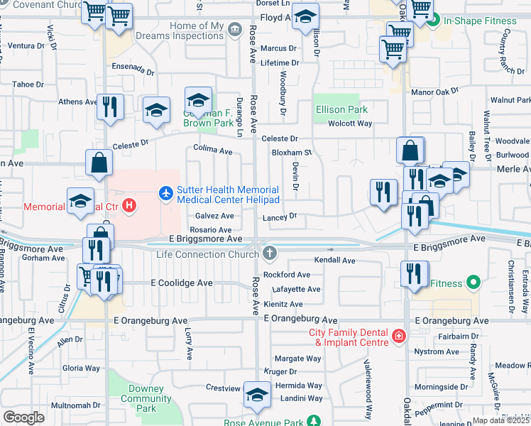 map of restaurants, bars, coffee shops, grocery stores, and more near 1609 Boynton Way in Modesto