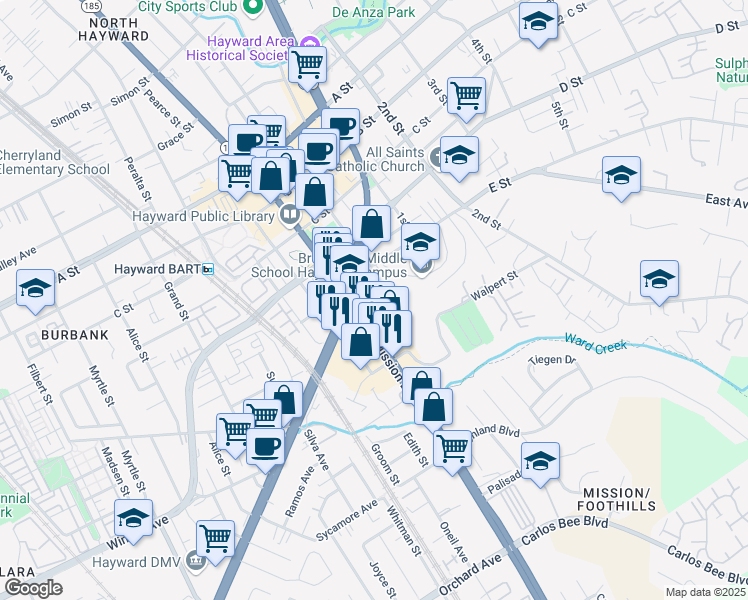 map of restaurants, bars, coffee shops, grocery stores, and more near 23901 Mission Boulevard in Hayward