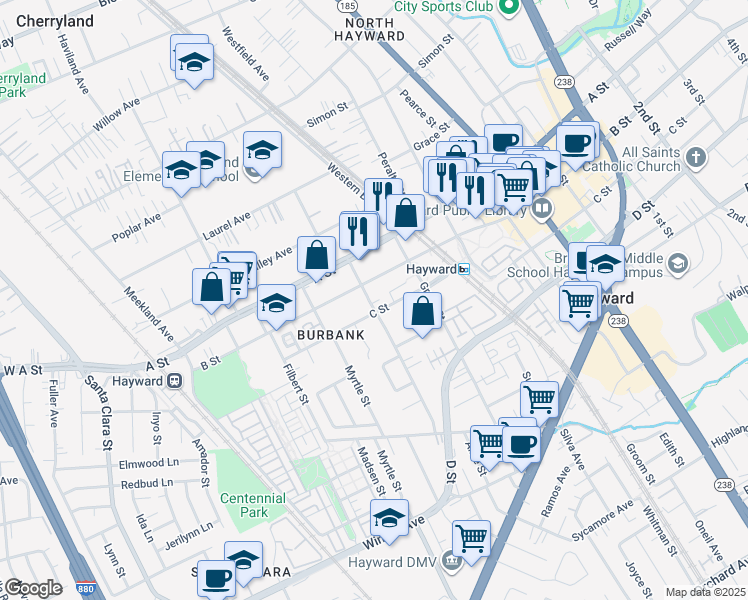 map of restaurants, bars, coffee shops, grocery stores, and more near 465 C Street in Hayward