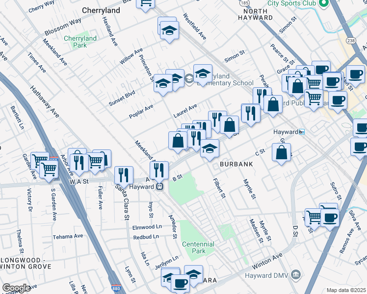 map of restaurants, bars, coffee shops, grocery stores, and more near 210 A Street in Hayward