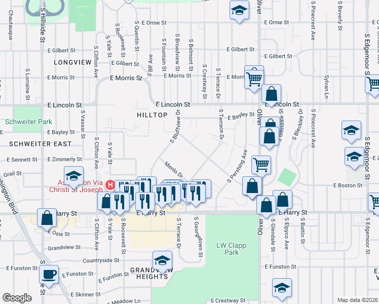 map of restaurants, bars, coffee shops, grocery stores, and more near 4168 Menlo Drive in Wichita