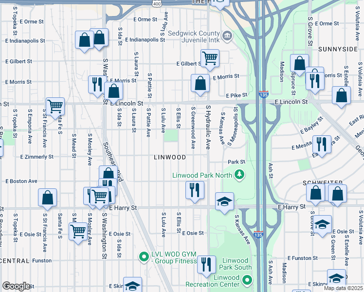 map of restaurants, bars, coffee shops, grocery stores, and more near in Wichita