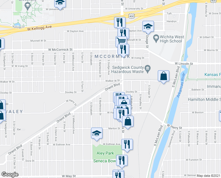 map of restaurants, bars, coffee shops, grocery stores, and more near 1416 South Dodge Avenue in Wichita