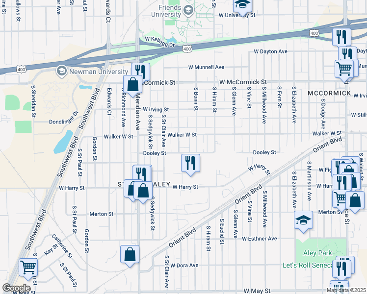 map of restaurants, bars, coffee shops, grocery stores, and more near 2065-2099 Dooley Street in Wichita