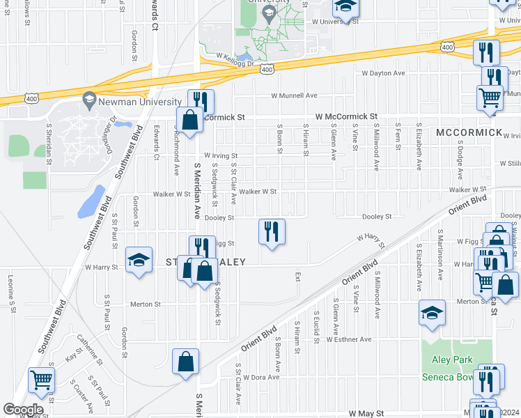 map of restaurants, bars, coffee shops, grocery stores, and more near 2065-2099 Dooley Street in Wichita