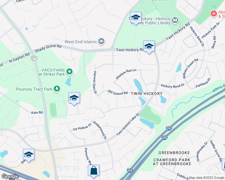 map of restaurants, bars, coffee shops, grocery stores, and more near 11812 Old School Road in Glen Allen