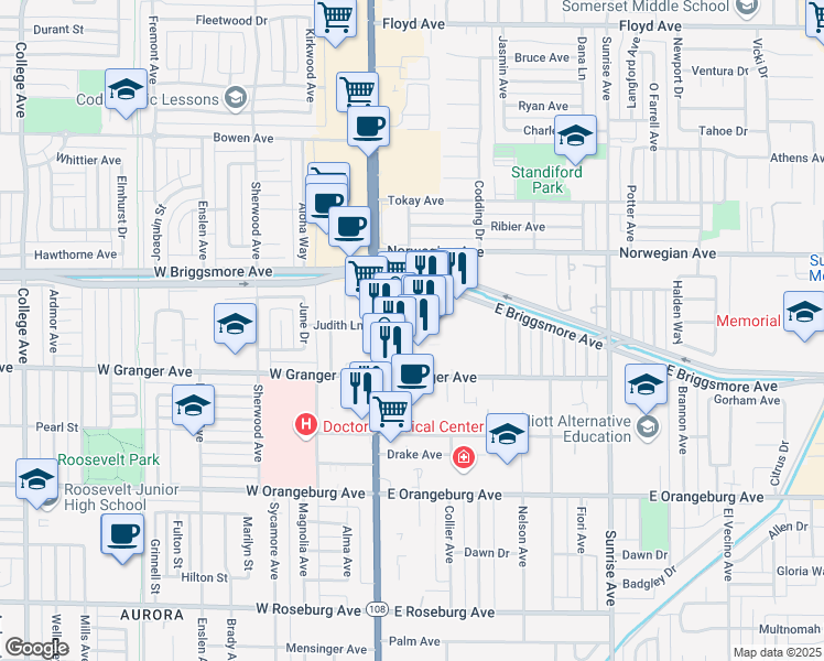 map of restaurants, bars, coffee shops, grocery stores, and more near 1700 McHenry Avenue in Modesto