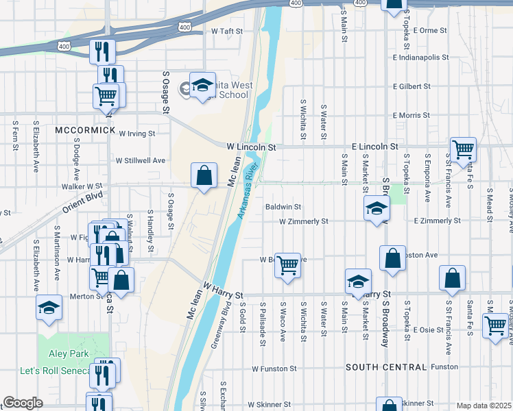 map of restaurants, bars, coffee shops, grocery stores, and more near 526 West Zimmerly Street in Wichita