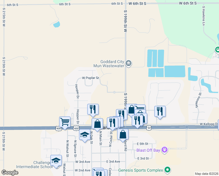 map of restaurants, bars, coffee shops, grocery stores, and more near 1327 South 199th Street West in Goddard
