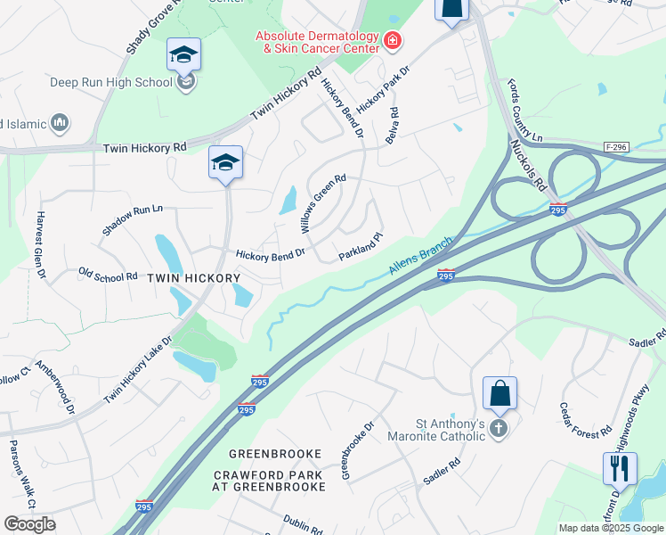 map of restaurants, bars, coffee shops, grocery stores, and more near 821 Parkland Place in Glen Allen