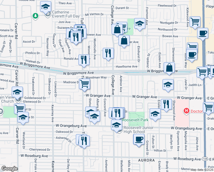 map of restaurants, bars, coffee shops, grocery stores, and more near 1611 College Avenue in Modesto