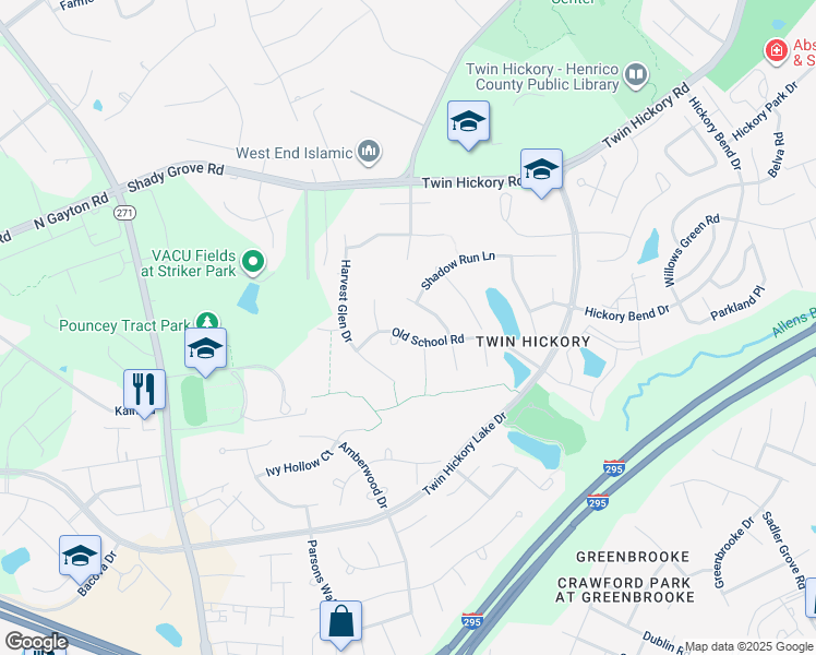 map of restaurants, bars, coffee shops, grocery stores, and more near 11812 Old School Road in Glen Allen
