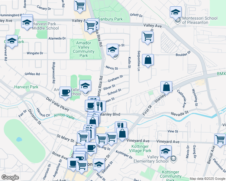 map of restaurants, bars, coffee shops, grocery stores, and more near 4171 School Street in Pleasanton