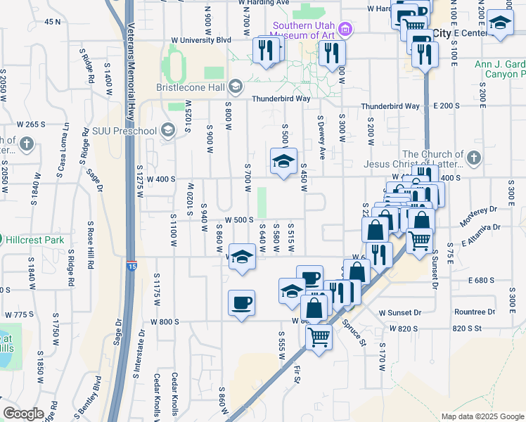 map of restaurants, bars, coffee shops, grocery stores, and more near 638 West 500 South in Cedar City
