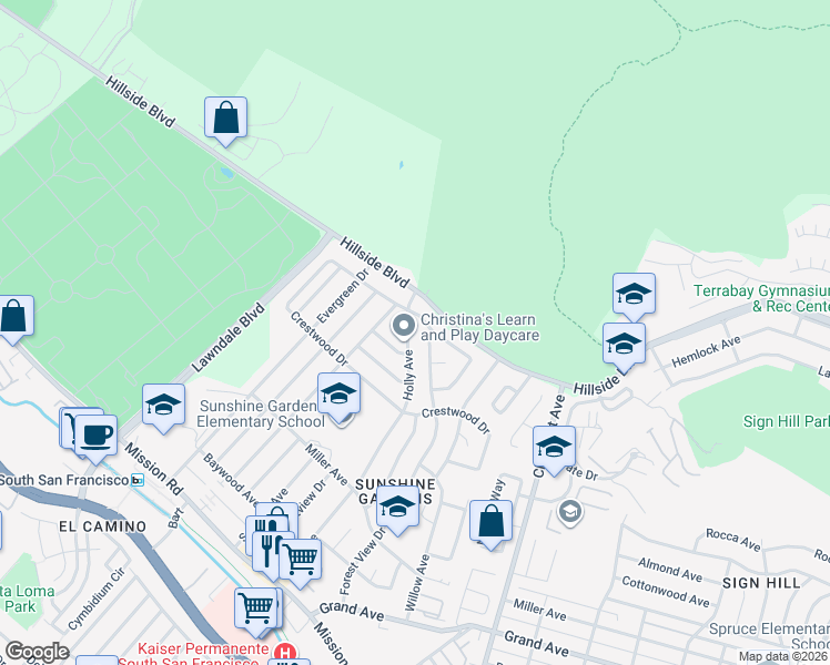 map of restaurants, bars, coffee shops, grocery stores, and more near 466 Holly Avenue in South San Francisco