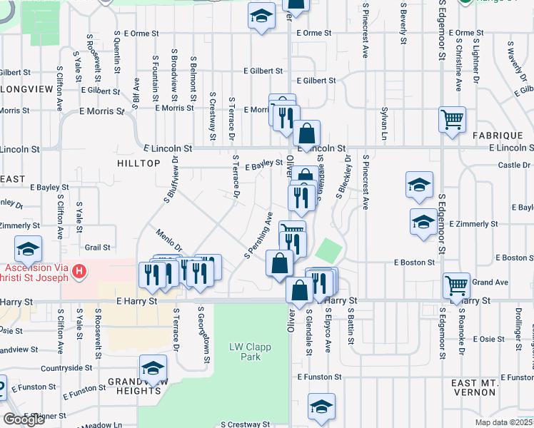 map of restaurants, bars, coffee shops, grocery stores, and more near 1136 South Terrace Drive in Wichita