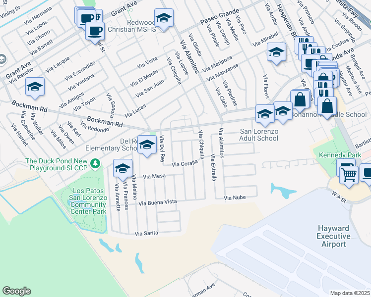 map of restaurants, bars, coffee shops, grocery stores, and more near 17248 Via El Cerrito in San Lorenzo