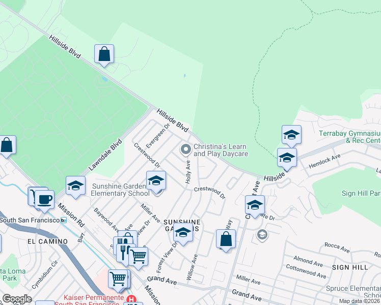 map of restaurants, bars, coffee shops, grocery stores, and more near 466 Holly Avenue in South San Francisco
