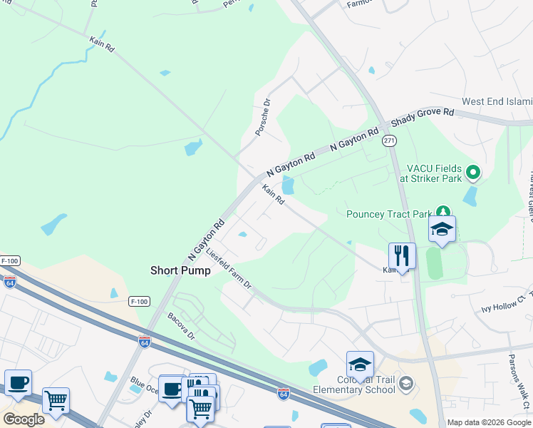 map of restaurants, bars, coffee shops, grocery stores, and more near 12294 Kain Road in Glen Allen