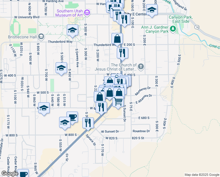 map of restaurants, bars, coffee shops, grocery stores, and more near 449 South 150 West in Cedar City