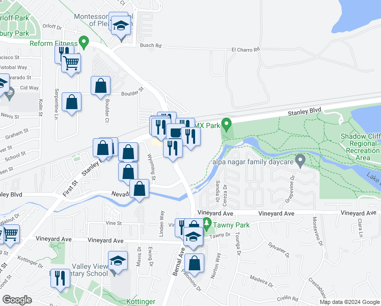 map of restaurants, bars, coffee shops, grocery stores, and more near 50 Vintage Circle in Pleasanton