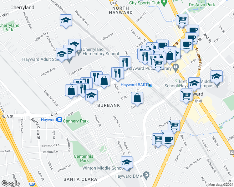 map of restaurants, bars, coffee shops, grocery stores, and more near 522 B Street in Hayward