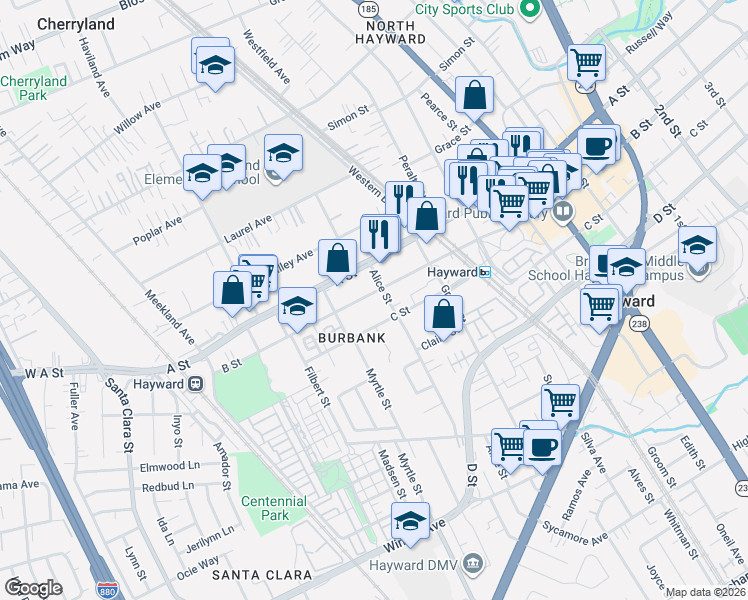 map of restaurants, bars, coffee shops, grocery stores, and more near 522 B Street in Hayward