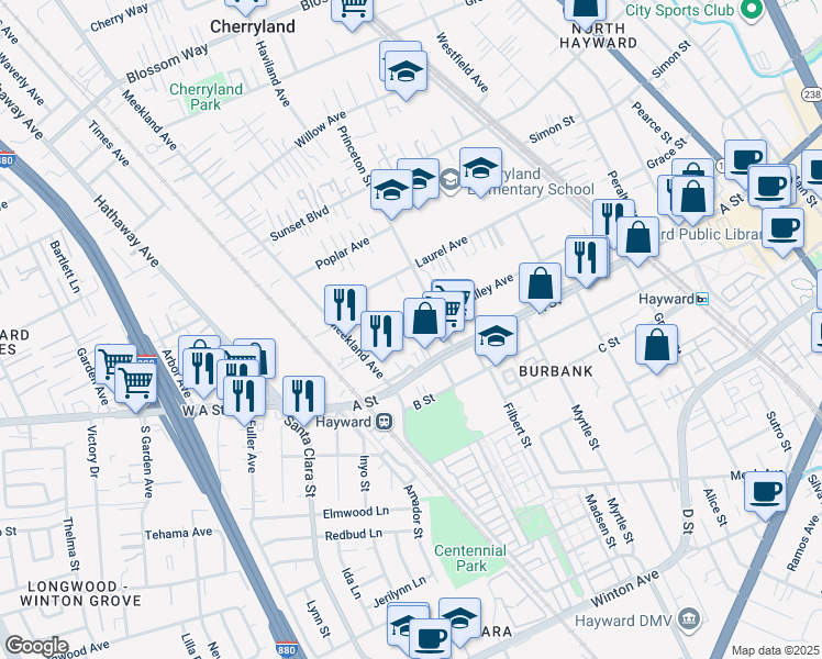 map of restaurants, bars, coffee shops, grocery stores, and more near 266 Smalley Avenue in Hayward