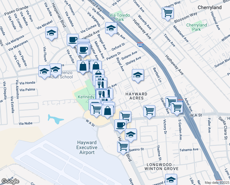 map of restaurants, bars, coffee shops, grocery stores, and more near 729 Bartlett Avenue in Hayward