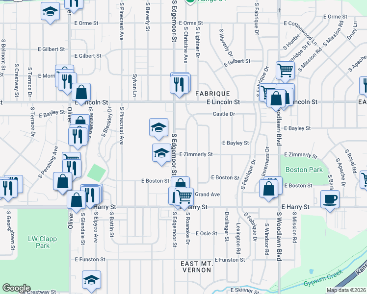 map of restaurants, bars, coffee shops, grocery stores, and more near 1015 South Christine Avenue in Wichita