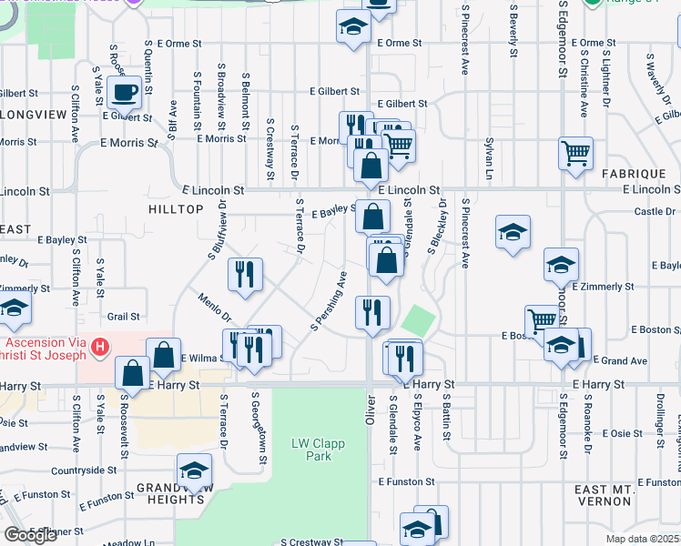 map of restaurants, bars, coffee shops, grocery stores, and more near 1136 South Terrace Drive in Wichita