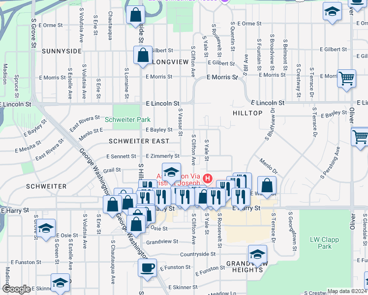 map of restaurants, bars, coffee shops, grocery stores, and more near 1019 South Clifton Avenue in Wichita
