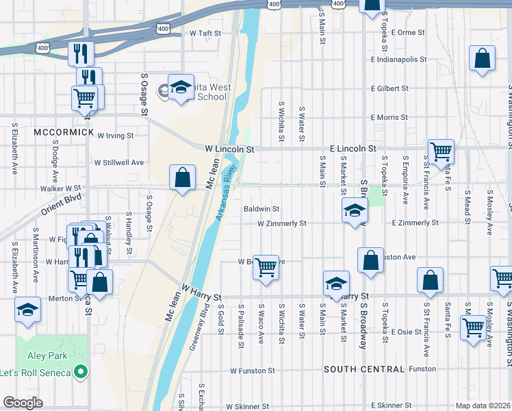 map of restaurants, bars, coffee shops, grocery stores, and more near 1305 South Waco Avenue in Wichita