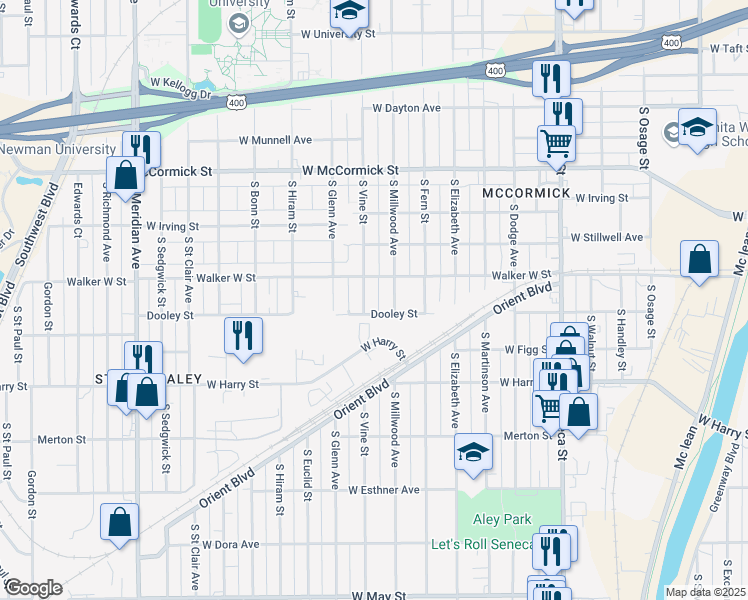 map of restaurants, bars, coffee shops, grocery stores, and more near 1717 Walker West Street in Wichita