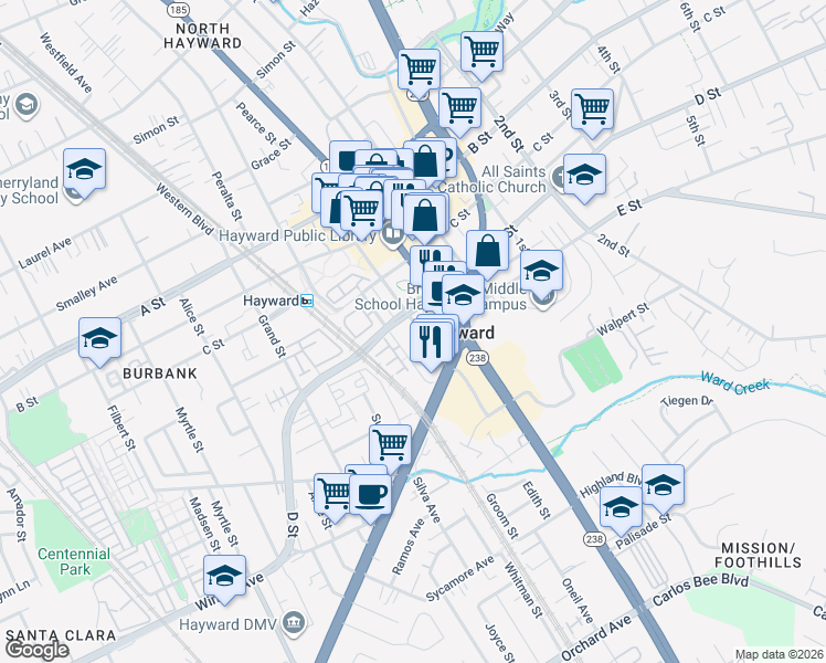 map of restaurants, bars, coffee shops, grocery stores, and more near 22835 Watkins Street in Hayward
