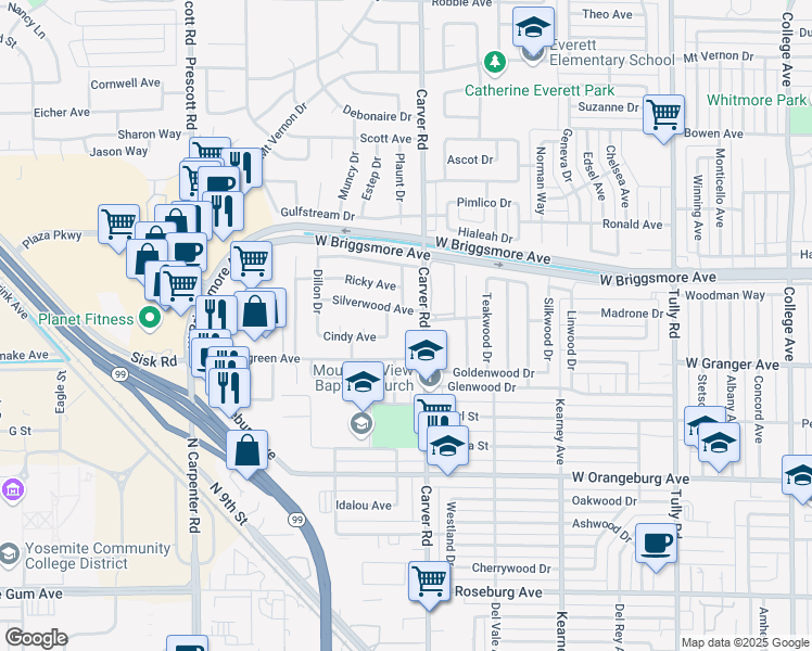 map of restaurants, bars, coffee shops, grocery stores, and more near 1705 Carver Court in Modesto