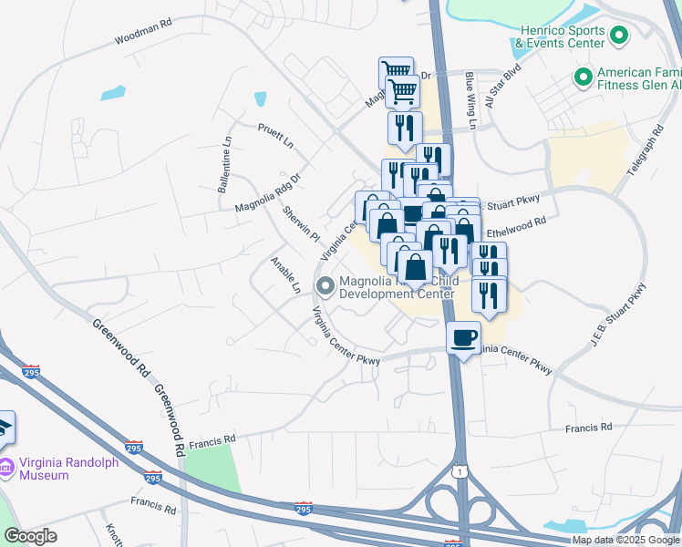 map of restaurants, bars, coffee shops, grocery stores, and more near 1605 Cadmus Court in Glen Allen