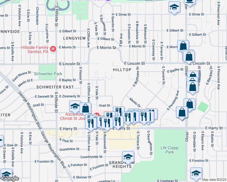 map of restaurants, bars, coffee shops, grocery stores, and more near 1051 South Bluffview Drive in Wichita