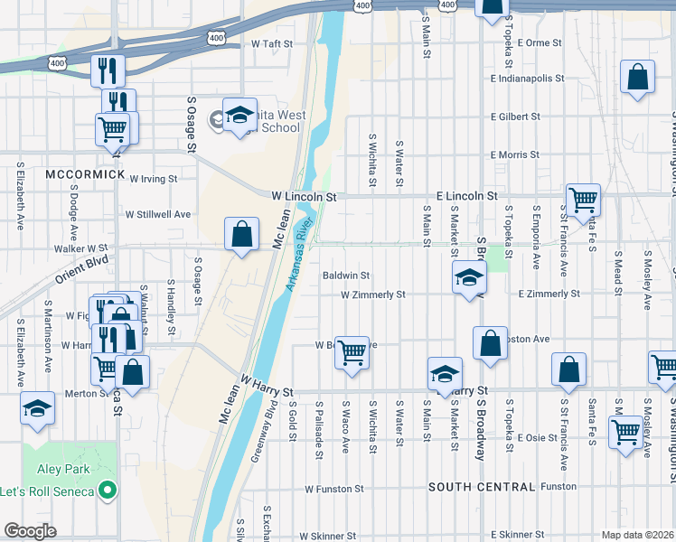 map of restaurants, bars, coffee shops, grocery stores, and more near 1305 South Waco Avenue in Wichita