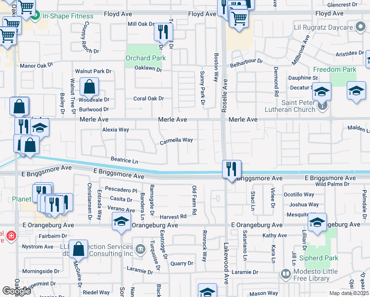 map of restaurants, bars, coffee shops, grocery stores, and more near 1717 Branchwood Circle in Modesto