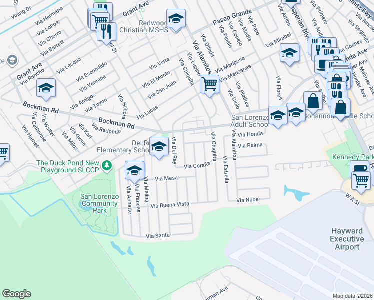 map of restaurants, bars, coffee shops, grocery stores, and more near 17246 Via La Jolla in San Lorenzo