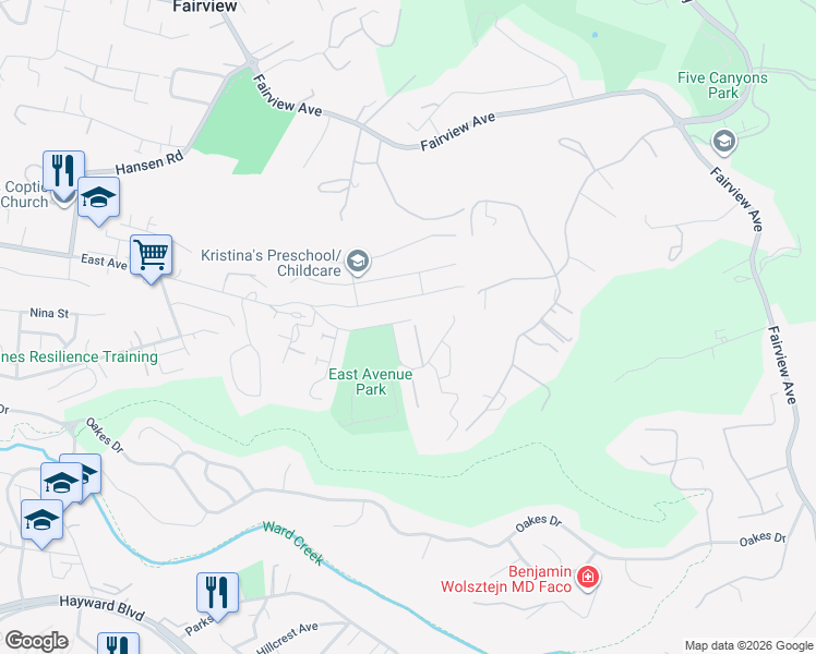 map of restaurants, bars, coffee shops, grocery stores, and more near 3375 East Avenue in Hayward