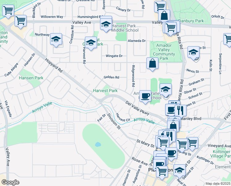 map of restaurants, bars, coffee shops, grocery stores, and more near 4803 Del Valle Parkway in Pleasanton