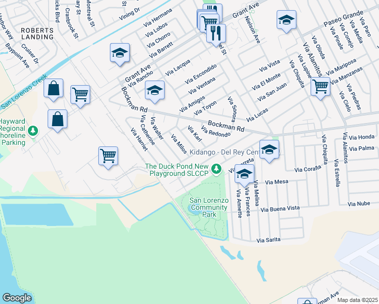 map of restaurants, bars, coffee shops, grocery stores, and more near 16155 Vía Owen in San Lorenzo